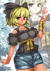 Rule 34 | 1girl, alternate costume, bare shoulders, blonde hair, blush, bow, breasts, character name, clenched hand, collarbone, cowboy shot, denim, denim shorts, english text, frills, hair bow, halftone, hand up, heart, high ponytail, kurodani yamame, looking at viewer, open mouth, ponytail, puffy short sleeves, puffy sleeves, red eyes, ribbon, shirt, short hair, short ponytail, short sleeves, shorts, signature, solo, tan, touhou, umigarasu (kitsune1963), wrist ribbon, zoom layer