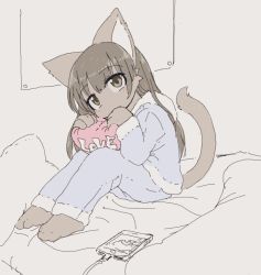 Rule 34 | 1girl, 3yo4yo5yo, animal ears, cat ears, cat tail, cellphone, charging, child, female focus, furry, furry female, grey eyes, grey fur, grey hair, heart, heart-shaped pillow, long hair, looking at viewer, on bed, original, pajamas, partially colored, phone, pillow, sitting, smartphone, solo, tail