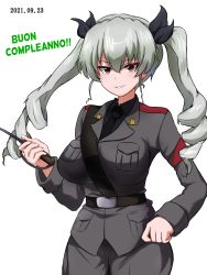 Rule 34 | 1girl, amogan, anchovy (girls und panzer), anzio military uniform, belt, black necktie, closed mouth, cowboy shot, dated, drill hair, girls und panzer, green hair, grey pants, hand on own hip, happy birthday, highres, holding, italian text, long hair, looking at viewer, necktie, pants, red eyes, riding crop, sam browne belt, simple background, smile, solo, standing, twin drills, twintails, white background