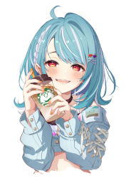 Rule 34 | 1girl, ahoge, blue hair, blue jacket, blush, braid, brat (brabrabrat00), coffee cup, commentary request, crop top, cropped jacket, cup, disposable cup, fangs, hair ornament, hairclip, hands up, heart, heart hair ornament, highres, holding, holding cup, jacket, long hair, long sleeves, looking at viewer, multicolored hair, nail polish, navel, off-shoulder jacket, off shoulder, orange nails, parted lips, puffy long sleeves, puffy sleeves, red eyes, shiranami ramune, simple background, smile, solo, streaked hair, upper body, virtual youtuber, vspo!, white background, white hair