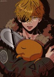 Rule 34 | 1boy, animal, blonde hair, chainsaw man, denji (chainsaw man), eyepatch, fur-trimmed jacket, fur trim, green jacket, highres, holding, holding animal, jacket, looking at viewer, male focus, mmmiaa, pochita (chainsaw man), sharp teeth, solo, teeth, tongue, tongue out, twitter username, yellow eyes