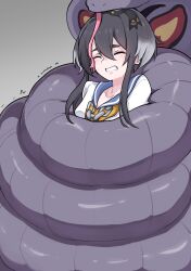 Rule 34 | 1girl, arbok, black hair, blue sailor collar, blush, bound, clenched teeth, closed eyes, commission, constriction, creatures (company), crossover, forked tongue, game freak, gen 1 pokemon, gradient hair, grey background, grey hair, hair between eyes, highres, kantai collection, multicolored hair, nintendo, pokemon, pokemon (creature), rxq, sailor collar, simple background, skeb commission, sweat, teeth, tokitsukaze (kancolle), tongue