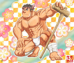 Rule 34 | 1boy, abs, bandages, bara, black hair, body hair, bunta ru, chest hair, cross scar, facial hair, full body, fundoshi, highres, houzouin oniwaka, japanese clothes, large pectorals, long sideburns, looking at viewer, male focus, male underwear, manly, muscular, muscular male, pectorals, revealing clothes, scar, scar on face, scar on forehead, sideburns, simple background, solo, stubble, thick eyebrows, tokyo houkago summoners, underwear, white male underwear