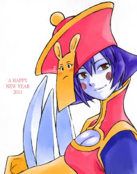 Rule 34 | 10s, 1girl, 2011, blue hair, blue skin, breasts, brown eyes, capcom, claws, cleavage, cleavage cutout, clothing cutout, colored skin, flipped hair, happy new year, hat, jiangshi, lei lei, new year, non-web source, qingdai guanmao, smile, solo, vampire (game)