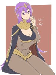 Rule 34 | artist request, bodystocking, breasts, bridal gauntlets, cape, circlet, cleavage, cleavage cutout, clothing cutout, cosplay, covered navel, dark mage (fire emblem awakening), fire emblem, gj-bu, highres, jewelry, long hair, navel, nintendo, purple eyes, solo, sumeragi shion, tharja (cosplay), tharja (fire emblem), thighs