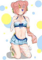 Rule 34 | 1girl, absurdres, blue eyes, blush, breasts, cleavage, closed mouth, collarbone, double bun, fate/apocrypha, fate/grand order, fate (series), frankenstein&#039;s monster (fate), frankenstein&#039;s monster (swimsuit saber) (second ascension) (fate), full body, hair bun, hair over one eye, hand on own chest, highres, kneeling, looking at viewer, medium breasts, navel, pink hair, short hair, smile, solo, swimsuit