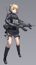 Rule 34 | 1girl, :o, absurdres, assault rifle, blonde hair, full body, gloves, gradient background, grey background, gun, h&amp;k hk416, hair ornament, heckler &amp; koch, highres, holding, holding gun, holding weapon, holster, holstered, leg warmers, looking at viewer, original, pleated skirt, qbase, red eyes, revision, rifle, short hair, skirt, solo, standing, thigh holster, thigh strap, uniform, weapon