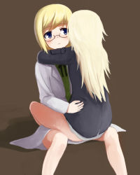 Rule 34 | 2girls, :&lt;, bad id, bad pixiv id, bare legs, blonde hair, blue eyes, blush, brown background, catocala, glasses, helma lennartz, hug, lab coat, long hair, looking at another, multiple girls, no pants, short hair, simple background, sitting, sitting on person, strike witches, strike witches: suomus misfits squadron, torso grab, ursula hartmann, world witches series, yuri