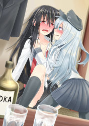 Rule 34 | 10s, 2girls, alcohol, black hair, blue eyes, blush, commentary request, drunk, glass, hat, hatsushimo (kancolle), hibiki (kancolle), highres, kantai collection, licking lips, multiple girls, partially undressed, red eyes, school uniform, sweat, tongue, tongue out, vodka, white hair, yuri, zaki (2872849)