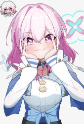Rule 34 | 1girl, absurdres, black choker, blue eyes, blue jacket, blush, breasts, buttons, chibi, choker, closed mouth, commentary, dress shirt, hair intakes, hands on own cheeks, hands on own face, highres, honkai: star rail, honkai (series), jacket, long sleeves, looking at viewer, march 7th (honkai: star rail), medium breasts, medium hair, official art inset, pink eyes, pink hair, shirt, solo, spiral (udon), symbol-only commentary, tied jacket, two-tone eyes, underbust, upper body, white background, white shirt