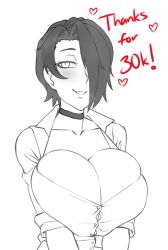 Rule 34 | 1girl, breasts, choker, collarbone, commentary, english commentary, english text, milestone celebration, greyscale, hair over one eye, heart, huge breasts, looking at viewer, monochrome, original, parted lips, saya (twrlare), short hair, simple background, smile, solo, thank you, twrlare, upper body, v arms, white background