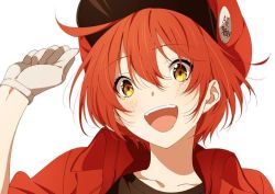 Rule 34 | 1girl, ae-3803, ahoge, black skirt, blush, cabbie hat, collarbone, gloves, hair between eyes, happy, hat, hataraku saibou, jacket, looking at viewer, open clothes, open jacket, open mouth, red blood cell (hataraku saibou), red hair, red headwear, red jacket, short hair, skirt, white background, yellow eyes