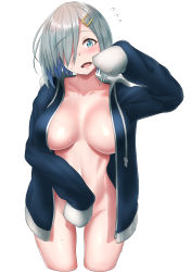 Rule 34 | 1girl, blue eyes, blush, breasts, burusuta, colored pencil (medium), eyes visible through hair, graphite (medium), hair ornament, hairclip, hamakaze (kancolle), highres, hood, hoodie, kantai collection, large breasts, looking at viewer, mechanical pencil, naked hoodie, no bra, no panties, open mouth, pencil, short hair, silver hair, simple background, sleeves past wrists, sweatdrop, traditional media, white background