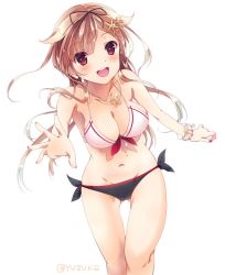 Rule 34 | 10s, 1girl, alternate costume, amanatsu yuzuka, bare legs, bare shoulders, bikini, blonde hair, breasts, cleavage, collarbone, commentary request, hair ornament, kantai collection, large breasts, long hair, looking at viewer, navel, open mouth, red eyes, simple background, solo, swimsuit, white background, yuudachi (kancolle), yuudachi kai ni (kancolle)