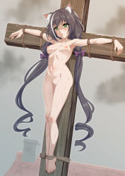 Rule 34 | 1girl, animal ear fluff, animal ears, armpits, barefoot, black hair, blush, bow, breasts, cat ears, cat girl, collarbone, completely nude, crucifixion, dot nose, facing viewer, full body, green eyes, hair bow, hair ornament, highres, humiliation, injury, karyl (princess connect!), legs together, long hair, medium breasts, multicolored hair, nipples, no pussy, nude, open mouth, outdoors, outstretched arms, princess connect!, purple bow, solo, spread arms, sweat, toenails, toes, twintails, very long hair, white hair, yumejidake