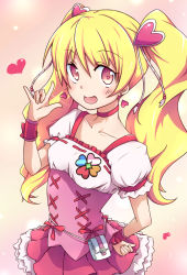 Rule 34 | 00s, 1girl, blonde hair, blush, choker, cure peach, dress, earrings, eyelashes, fresh precure!, hair ornament, happy, heart, heart hair ornament, highres, jewelry, kirimochi, long hair, looking at viewer, magical girl, momozono love, open mouth, pink dress, pink eyes, precure, smile, solo, standing, twintails, wrist cuffs