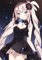 Rule 34 | 1girl, :d, absurdres, bare arms, bare shoulders, black dress, black flower, black gloves, black rose, blue flower, blue rose, blush, breasts, cleavage, cowboy shot, detached collar, dress, fate/grand order, fate (series), feather hair ornament, feathers, flower, gem, gloves, hair flower, hair ornament, highres, jewelry, light particles, looking at viewer, marie antoinette (fate), marie antoinette (formal dress) (fate), medium breasts, necklace, official alternate costume, open mouth, pendant, petals, rose, rose petals, shiino sera, silver hair, smile, solo, standing, strapless, strapless dress, twintails