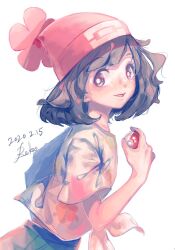 Rule 34 | 1girl, :d, beanie, bright pupils, brown eyes, creatures (company), dated, from side, game freak, hand up, hat, highres, holding, holding poke ball, looking at viewer, looking to the side, nintendo, open mouth, pink hat, poke ball, poke ball (basic), pokemon, pokemon sm, r.aka., selene (pokemon), shirt, short sleeves, signature, smile, solo, tied shirt, white background, white pupils