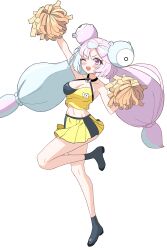 Rule 34 | 1girl, absurdres, alternate costume, black footwear, blue hair, blush, boots, breasts, cheerleader, cleavage, collarbone, creatures (company), game freak, hair bobbles, hair ornament, highres, iono (pokemon), large breasts, long hair, looking at viewer, midriff, multicolored hair, navel, nintendo, one eye closed, open mouth, pink hair, pokemon, pokemon sv, pom pom (cheerleading), purple eyes, sharp teeth, shirt, simple background, skirt, sleeveless, sleeveless shirt, smile, solo, standing, standing on one leg, teeth, twintails, two-tone hair, white background, wink, yeeno, yellow shirt, yellow skirt