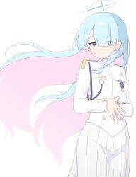 Rule 34 | 1girl, absurdres, arona (blue archive), blue archive, blue eyes, blue hair, general student council president (blue archive), hagoonha, halo, highres, pink hair, shirt, shoulder strap, simple background, skirt, white background, white shirt, white skirt