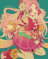 Rule 34 | 1girl, commentary request, cure yell, earrings, eyelashes, hair ornament, hair ribbon, happy, highres, hugtto! precure, jewelry, kuruni purikyua, long hair, looking at viewer, magical girl, nono hana, pink eyes, pink hair, pink skirt, pink vest, precure, ribbon, simple background, skirt, smile, solo, thighhighs, thighs, vest, wrist cuffs