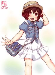Rule 34 | 1girl, alternate costume, artist logo, bag, blue shirt, blush, breast pocket, brown eyes, brown hair, collared shirt, commentary request, cowboy shot, dated, flat chest, gradient hair, hair between eyes, hat, hat ribbon, highres, kanon (kurogane knights), kantai collection, looking at viewer, multicolored hair, mutsuki (kancolle), open mouth, pocket, ribbon, shirt, short hair, short sleeves, signature, simple background, skirt, smile, solo, white background, white ribbon, white skirt