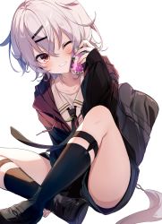 Rule 34 | 1girl, bag, black necktie, black shorts, black socks, blush, brown eyes, brown hoodie, can, collarbone, collared shirt, commentary, drawstring, drink can, emia (castilla), fingernails, grin, hair between eyes, hair ornament, hairclip, head tilt, highres, holding, holding can, hood, hoodie, kneehighs, legwear garter, loafers, long sleeves, looking at viewer, necktie, one eye closed, open clothes, open hoodie, original, pink hair, shirt, shoes, short eyebrows, short hair, shorts, shoulder bag, simple background, sitting, sleeves past wrists, smile, socks, soda can, solo, white background, white shirt