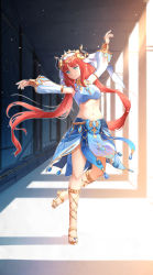 Rule 34 | 1girl, aqua eyes, arm up, blue bow, blue skirt, blush, bow, brooch, chahei, circlet, closed mouth, commentary request, crop top, dancer, dancing, dappled sunlight, day, feet, floating hair, full body, genshin impact, gladiator sandals, gold footwear, gold trim, harem outfit, highres, horns, jewelry, leg up, legs, long hair, long sleeves, looking at viewer, low twintails, navel, neck ring, nilou (genshin impact), outstretched arm, parted bangs, pelvic curtain, puffy long sleeves, puffy sleeves, sandals, shrug (clothing), skirt, smile, solo, standing, standing on one leg, stomach, sunlight, thighs, toes, twintails, vambraces, veil, vision (genshin impact), white headwear