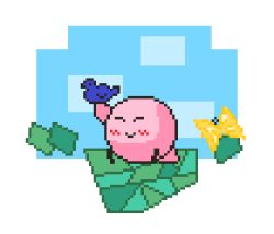 Rule 34 | bird, blue bird, blush, bug, butterfly, closed eyes, closed mouth, cloud, colored skin, detached wings, grass, hal laboratory, insect, kirby, kirby (series), nintendo, nyamimi, pink skin, pixel art, pixelated, pixels, self-upload, sky, smile, solo, wings, yellow wings