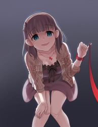 Rule 34 | 1girl, absurdres, bent over, blue eyes, blush, breasts, brown hair, cleavage, collarbone, earrings, hairband, hand on own knee, heart, heart earrings, heart necklace, highres, idolmaster, idolmaster cinderella girls, jewelry, kamille (vcx68), large breasts, looking at viewer, necklace, open mouth, red ribbon, ribbon, sakuma mayu, short hair, smile, solo