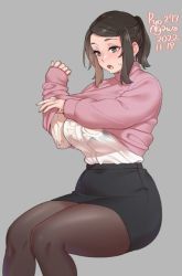 Rule 34 | 1girl, agawa ryou, artist name, black bra, black skirt, bra, bra visible through clothes, breasts, brown hair, brown pantyhose, commentary, dated, dress shirt, english commentary, feet out of frame, grey background, grey eyes, hair ornament, hairclip, invisible chair, large breasts, light blush, long sleeves, looking down, medium hair, miniskirt, numbered, open mouth, original, pantyhose, pencil skirt, pink sweater, ponytail, shirt, shirt tucked in, sidelocks, simple background, sitting, skirt, solo, straight hair, sweat, sweater, underwear, undressing, wet, wet clothes, wet shirt, white shirt