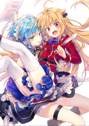 Rule 34 | 2girls, ahoge, amulet, belt, blonde hair, blue hair, blue ribbon, blue skirt, buttons, carrying, clothes between thighs, cover image, double-breasted, floating hair, flower, garter straps, green eyes, hair between eyes, hair flower, hair ornament, highres, hikikomari kyuuketsuki no monmon, holding, holding paper, holding quill, jacket, layered skirt, long hair, looking at viewer, maid, maid headdress, multiple girls, neck ribbon, novel illustration, official art, open mouth, paper, pen, pointy ears, princess carry, quill, red eyes, red jacket, ribbon, riichu, short hair, simple background, skirt, sweatdrop, terakomari gandezblood, textless version, thigh strap, thighhighs, upskirt, v-shaped eyebrows, villhaze, white background, white legwear, white skirt