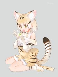 Rule 34 | 10s, 1girl, animal ears, animal print, bare shoulders, blonde hair, blush, bow, bowtie, cat ears, elbow gloves, frog, full body, gloves, green eyes, grey background, highres, holding, iku ki, kemono friends, looking at another, open mouth, sand cat (kemono friends), seiza, short hair, simple background, sitting, twitter username