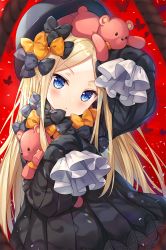 Rule 34 | 1girl, :&lt;, abigail williams (fate), arm up, black bow, black dress, black hat, blonde hair, blue eyes, blush, bow, bug, butterfly, closed mouth, commentary request, dress, fate/grand order, fate (series), forehead, hat, head tilt, hitsukuya, hugging object, insect, long hair, long sleeves, looking at viewer, noose, on head, orange bow, parted bangs, red background, rope, sleeves past fingers, sleeves past wrists, solo, stuffed animal, stuffed toy, teddy bear, very long hair