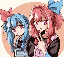 Rule 34 | 2girls, :3, alternate costume, alternate hairstyle, black shirt, blue bow, blue hair, blue overalls, blue sleeves, blush, bow, closed mouth, commentary request, hair bow, hair intakes, hand up, head tilt, highres, kotonoha akane, kotonoha aoi, layered sleeves, long sleeves, looking at viewer, multiple girls, natsu tuna, open mouth, orange background, overalls, pink bow, pink hair, pink overalls, ponytail, purple eyes, red pupils, shirt, short over long sleeves, short sleeves, siblings, side ponytail, sidelocks, sisters, smile, two-tone background, upper body, v, voiceroid, white background