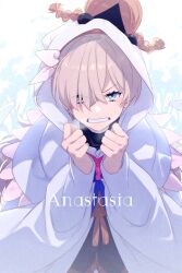 Rule 34 | 1girl, anastasia (fate), blue eyes, blush, character name, clenched teeth, cosplay, doll, echo (circa), fate/grand order, fate (series), hair over one eye, hairband, hood, long hair, long sleeves, looking at viewer, merlin (fate), merlin (fate) (cosplay), robe, solo, teeth, viy (fate), white hair, white robe, wide sleeves