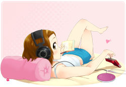 Rule 34 | 00s, 1girl, bad anatomy, bad feet, bad id, bad pixiv id, barefoot, border, brown eyes, brown hair, cd player, discman, dolphin shorts, eating, food, full body, hairband, halftone, halftone background, headphones, highres, k-on!, looking at viewer, looking back, lying, mouth hold, nagian, pillow, pocky, poorly drawn, short hair, short shorts, shorts, solo, tainaka ritsu, tank top, tomboy, white border