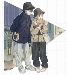 Rule 34 | 1boy, 1girl, :d, bag, black hat, black pants, blue eyes, blue jacket, braid, brown hair, cellphone, cross-laced footwear, drawstring, full body, glasses, grid background, hands up, hat, height difference, highres, holding, holding phone, jacket, leaning forward, looking to the side, medium hair, mi (pic52pic), open mouth, original, outside border, pants, phone, pink hair, pointing, red eyes, shoes, short hair, shoulder bag, smile, standing, streetwear, train station, twin braids, twintails, white background, white footwear, white pants, yellow jacket