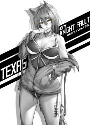Rule 34 | 1girl, absurdres, alternate costume, animal ear fluff, arknights, artist name, bare shoulders, breasts, casual one-piece swimsuit, cleavage, collarbone, cowboy shot, dated, grey theme, hand in pocket, highres, jacket, knight fault, large breasts, long hair, long sleeves, looking at viewer, mask pull, monochrome, off shoulder, one-piece swimsuit, open clothes, open jacket, open mouth, orange eyes, pulled by self, spot color, swimsuit, texas (arknights), tongue, tongue out, two-tone background, zipper, zipper pull tab