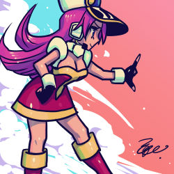 Rule 34 | 1girl, bare arms, bent over, black gloves, blue eyes, bracelet, breasts, cleavage, dress, gloves, hat, jewelry, kneeboots, large breasts, leaning forward, legs apart, long hair, lowres, mega man: battle &amp; chase, mega man (series), mooncastlemelon, plum (mega man), purple hair, signature, solo, standing