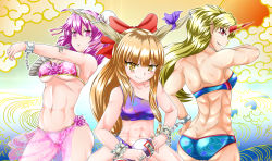 Rule 34 | 3girls, abs, ass, bandaged arm, bandages, bandeau, bare arms, bare shoulders, bikini, blonde hair, blue background, blue bikini, blush, blush stickers, bow, breasts, brown eyes, bun cover, butt crack, chain, cloud, collarbone, commentary request, cowboy shot, cuffs, double bun, floral print, from behind, gourd, gradient background, groin, hair between eyes, hair bow, hair bun, highres, holding, horn ornament, horn ribbon, horns, hoshiguma yuugi, ibaraki kasen, ibuki suika, leaf print, long hair, looking at viewer, low-tied long hair, medium breasts, multiple girls, muscular, muscular child, muscular female, navel, ofuda, oni, oni horns, orange background, orange hair, outline, parted lips, pink bikini, pink eyes, pink hair, pointy ears, profile, purple bikini, purple ribbon, red bow, red eyes, ribbon, sarong, see-through, shackles, short hair, sidelocks, single-shoulder bikini, single horn, single strap, small breasts, smile, standing, star (symbol), stomach, strapless, strapless bikini, swimsuit, thighs, toronikudon, touhou, very long hair, wrist cuffs
