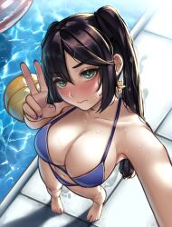 Rule 34 | 1girl, absurdres, bare legs, barefoot, bikini, black hair, blue bikini, blush, breasts, caustics, cleavage, closed eyes, closed mouth, collarbone, earrings, feet, female focus, fingernails, footprints, foreshortening, genshin impact, green eyes, highres, jewelry, large breasts, looking at viewer, mona (genshin impact), nail polish, navel, nikishiko, nose blush, outstretched arm, paid reward available, pool, poolside, sidelocks, solo, standing, star (symbol), star earrings, swimsuit, tile floor, tiles, toenails, toes, twintails, v, water, wet