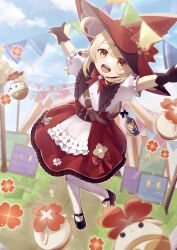 Rule 34 | 1girl, :d, absurdres, ahoge, backpack, bag, belt, black gloves, blue sky, blurry, circus, cloud, cloudy sky, commentary request, depth of field, dress, flag, frilled dress, frills, genshin impact, gloves, hair between eyes, hat, highres, jumpy dumpty, klee (blossoming starlight) (genshin impact), klee (genshin impact), lantern, light brown hair, lolita fashion, long hair, looking at viewer, low twintails, mary janes, open mouth, orange eyes, outdoors, outstretched arms, pantyhose, pointy ears, shoes, short sleeves, sidelocks, sky, smile, solo, spread arms, standing, standing on one leg, tent, throwing, twintails, vision (genshin impact), white pantyhose, witch hat, yukino imamura