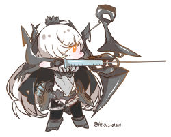 Rule 34 | 1girl, abyssal ship, black cape, bow (weapon), cape, chibi, colored skin, european armored aircraft carrier princess, glowing, glowing eye, hair over one eye, hi ye, holding, holding bow (weapon), holding weapon, kantai collection, long hair, orange eyes, quiver, solo, standing, syringe, weapon, white hair, white skin