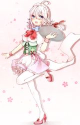 Rule 34 | 1girl, abe suke, ahoge, apron, blush, bow, bowtie, braid, breasts, buttons, clover, commentary request, floral background, floral print, four-leaf clover, full body, hair between eyes, hair ribbon, high heels, highres, holding, holding tray, izayoi sakuya, maid, maid headdress, medium breasts, open mouth, pink background, pink footwear, puffy short sleeves, puffy sleeves, purple eyes, red bow, red bowtie, red ribbon, ribbon, short sleeves, side braid, signature, skirt, solo, standing, standing on one leg, thighhighs, touhou, tray, twin braids, waist apron, white apron, white hair, white thighhighs, wrist cuffs, zettai ryouiki