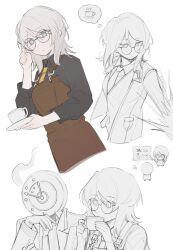 Rule 34 | 1girl, 1other, apron, brown apron, closed mouth, cup, dante (limbus company), faust (project moon), glasses, highres, holding, holding plate, ivy (675671), limbus company, looking at viewer, medium hair, multiple views, necktie, object head, plate, project moon, round eyewear, simple background, teacup, white background, white hair