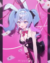 Rule 34 | 1girl, animal ears, bare shoulders, black leotard, blue eyes, blue hair, bow, bowtie, breasts, card, cleavage, clothing cutout, crossed bangs, detached collar, fake animal ears, hair ornament, hatsune miku, heart, heart-shaped pupils, heart cutout, highres, leotard, looking at viewer, medium breasts, miyuchiq, multicolored hair, open mouth, pink pupils, playboy bunny, playing card, rabbit ears, rabbit hole (vocaloid), ribbon, smile, solo, stomach cutout, symbol-shaped pupils, teardrop facial mark, through wall, twintails, two-tone hair, vocaloid, x hair ornament