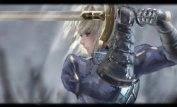 Rule 34 | 1girl, armor, artoria pendragon (all), artoria pendragon (fate), blonde hair, breastplate, excalibur (fate/stay night), fate/stay night, fate (series), gauntlets, green eyes, holding, holding sword, holding weapon, juliet sleeves, letterboxed, long sleeves, puffy sleeves, saber (fate), shenhaixun, short hair, solo, stance, sword, weapon