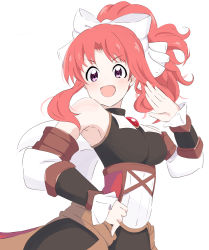 Rule 34 | absurdres, akino (princess connect!), armpits, breasts, butterfly hair ornament, hair ornament, hand on own hip, highres, kuroha uma, large breasts, looking at viewer, open mouth, ponytail, princess connect!, red hair, simple background, smile, solo, white background