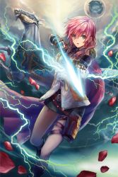 Rule 34 | 1girl, arrow (projectile), belt, belt buckle, black gloves, blue eyes, boots, bow (weapon), brown belt, buckle, final fantasy, final fantasy xiii, fingerless gloves, gloves, green skirt, hair between eyes, hair over shoulder, holding, holding bow (weapon), holding weapon, horse, lightning, lightning farron, long hair, looking at viewer, miniskirt, odin (final fantasy), open mouth, petals, pink hair, sasanomesi, shoulder pads, skirt, solo, thigh strap, weapon